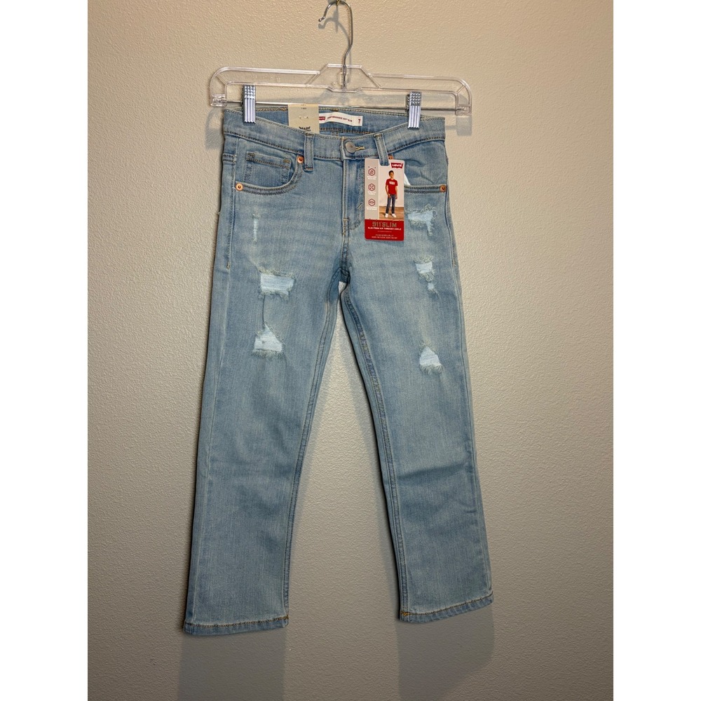Levis 511 Slim Performance Kids Jeans Light Wash Distressed Size 7 Adjustable